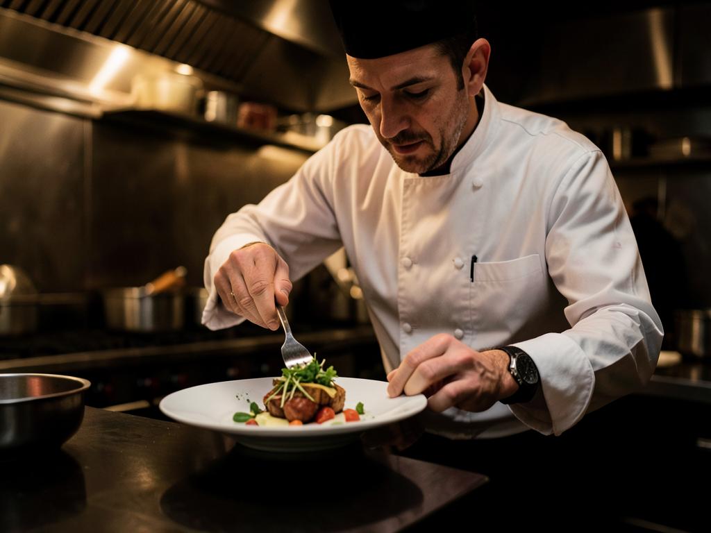 Chef finalizando um prato em cozinha profissional
